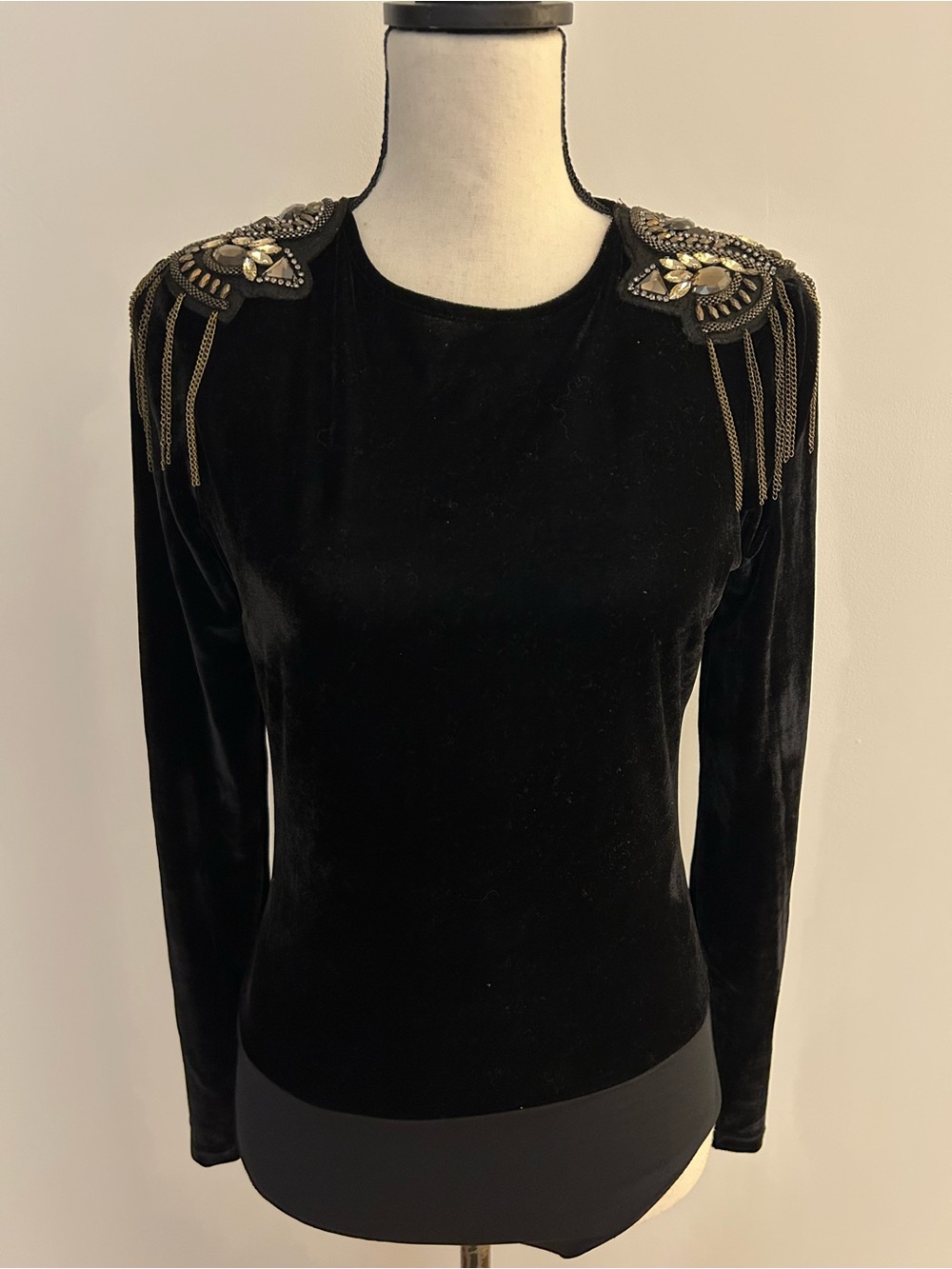 Zara Black Velvet Embellished Shoulder Bodysuit Top SZ M - Picture 3 of 10